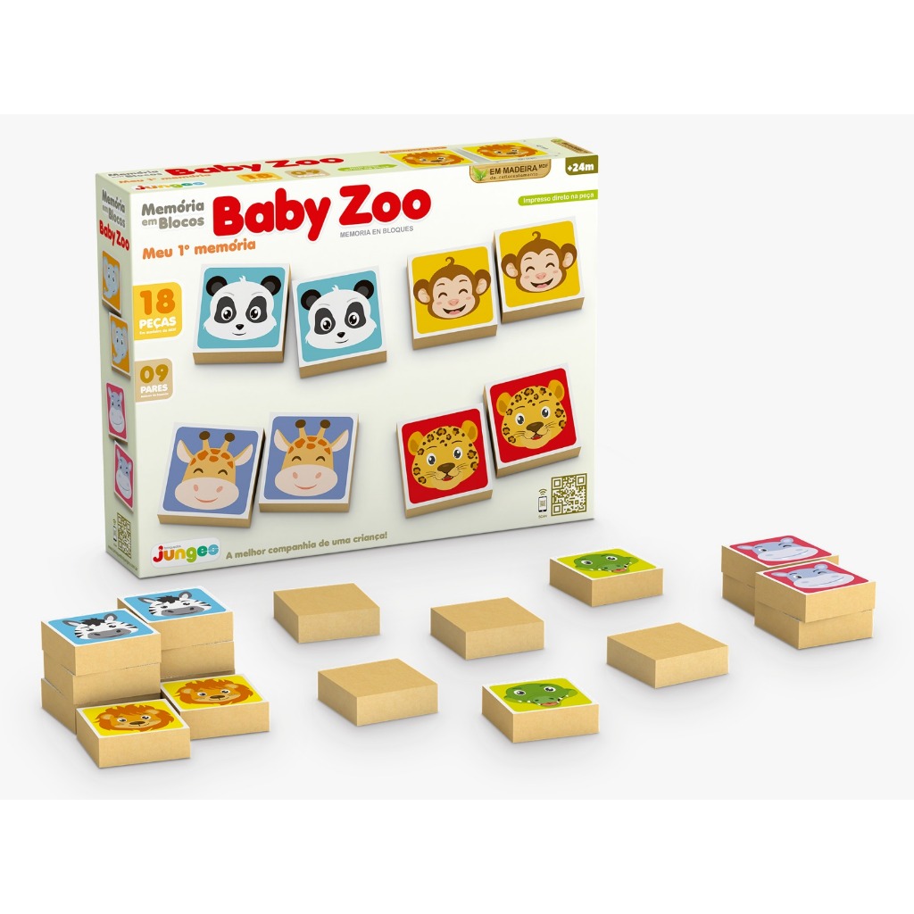 Memória em Blocos Baby Zoo 18 peças Madeira MDF Brinquedo Educativo Infantil +24 meses Junges 838