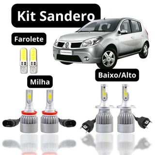 Kit (Farol+ Farolete) Renault Sandero 2007 2008 2009 2010 2011 2012 2013 2014 Ultra Led/ Super Led 6500k Lúmens SUPER LED ALTO+BAIXO+MILHA+FAROLETE H4- H11 - T10 Super led ultra led 9600k Forte c6 Neblina Alto Baixo Milha Xenênon Farois