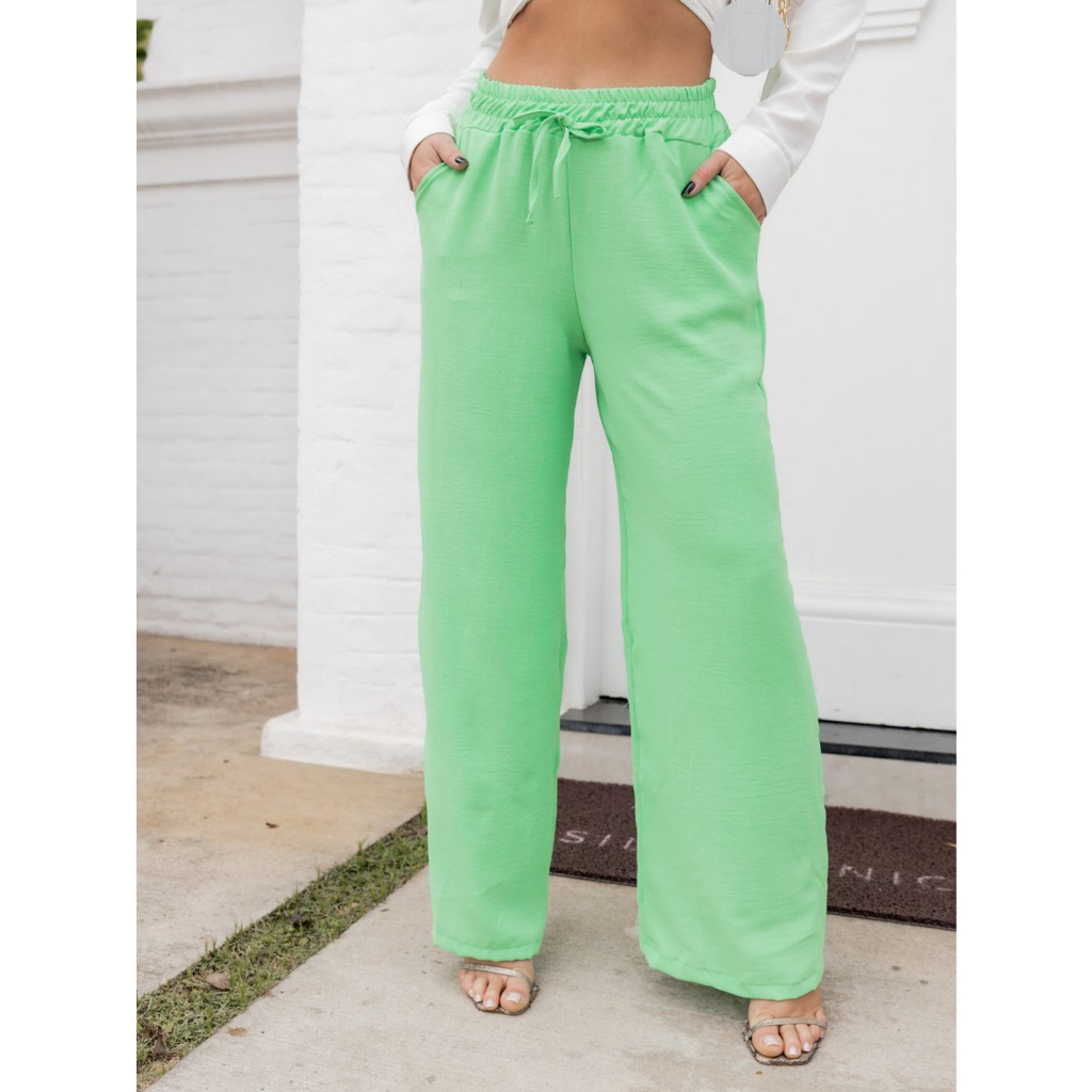Calça Pantalona Feminina Com Elástico Na Cintura Tecido Duna Sem fenda