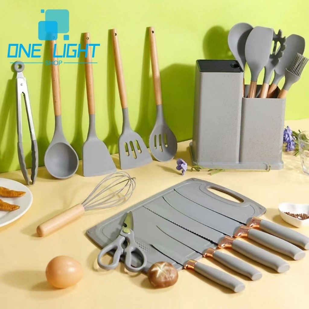 Kit Completo Jogo Utensílios de Cozinha Luxo 19 Peças Com Tábua em Silicone Espátula Faca Tesoura
