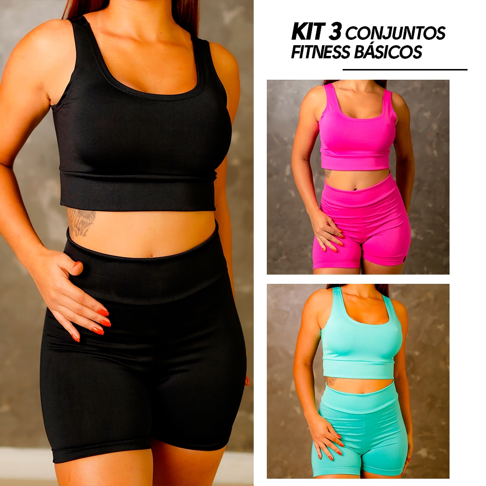 Kit 3 Conjuntos Fitness Short e Top Academia Cintura Alta Suplex