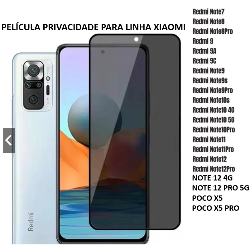 Película Vidro 3D Privacidade Para Xiaomi Mi Redmi Note 11 12 4G Note 12 Pro Poco X5 Pro 11s 10 10s/10C/10A 5G Prime 9/9s 9a 9c 9t 9i Pro Plus Not 8 /8Pro/8T 7/7