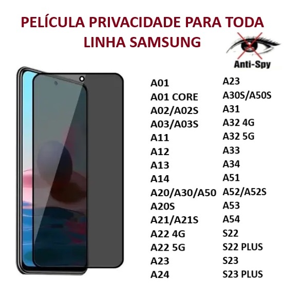 Película 3D Vidro Privacidade Para Sams Galaxy A11 A12 A14 A23 A24 A34 A54 A32 A52 A71 A72 S20FE S21FE