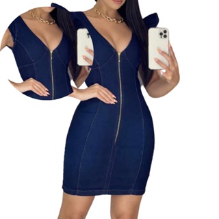 Vestido Jeans Liso com Zíper Decote em V Com Lycra Jeans Escuro