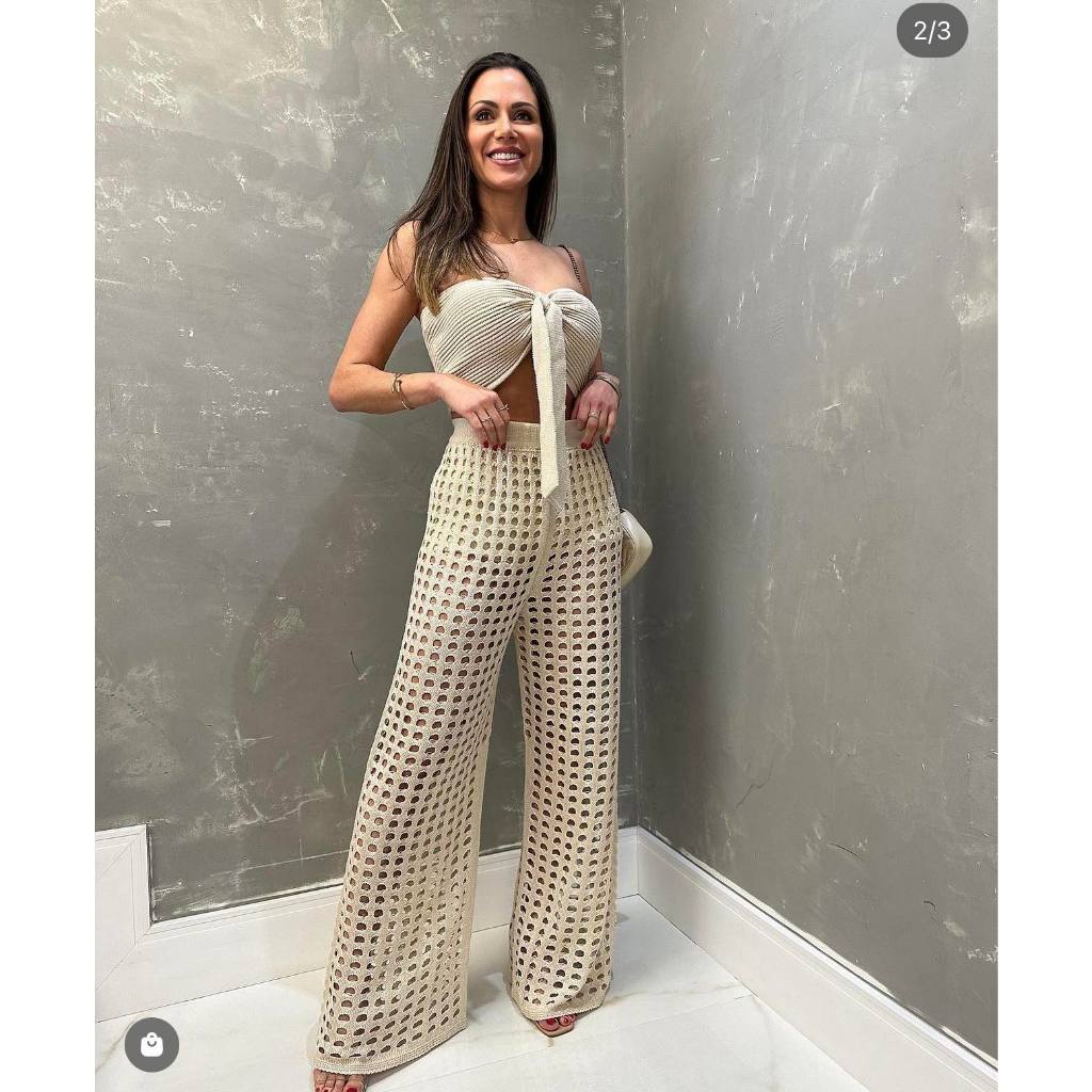 Conjunto Tricô - 3 Peças Modal Cropped Calça Short Hot Pants