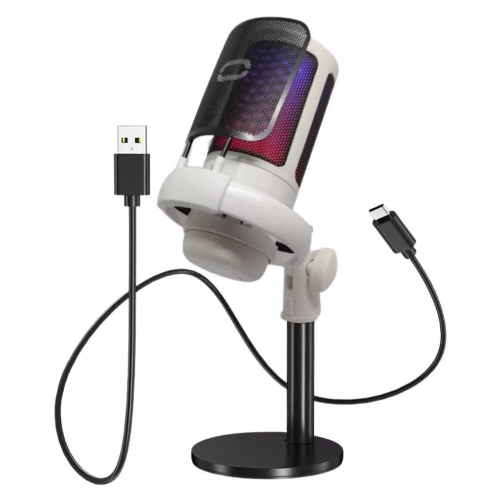 Microfone Condensador Cardioide Usb Rgb Profissional Podcast Youtube Alta Sensibilidade Branco Live Stream MT-1060R