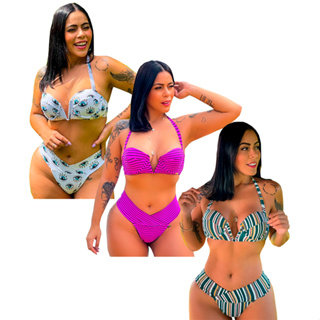Biquini Feminino Com Bojo Meia Taça Push Up Lançamento Top Aro Retro Piscina Resort Fio Dental Verão Roupa Banho Cintura Alta