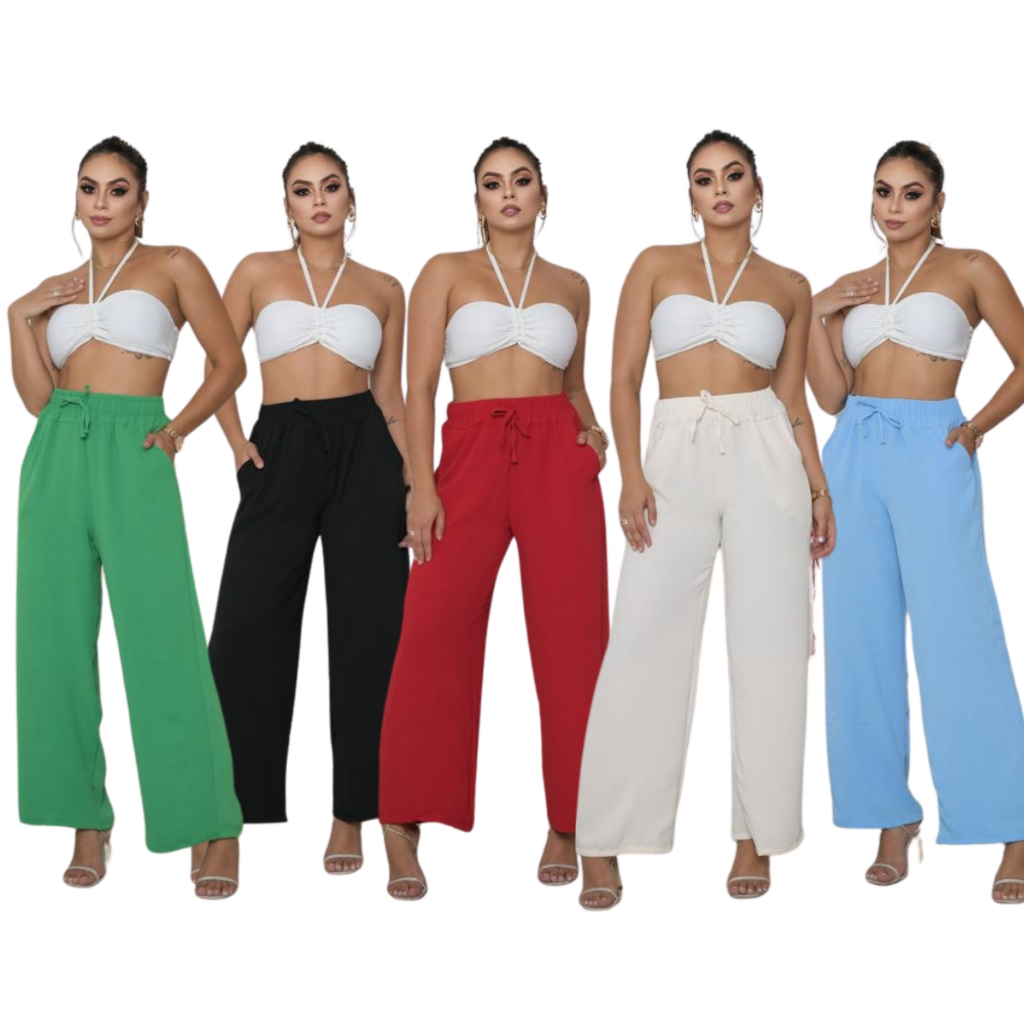Calça Pantalona Feminina Com Elástico Na Cintura Tecido Duna