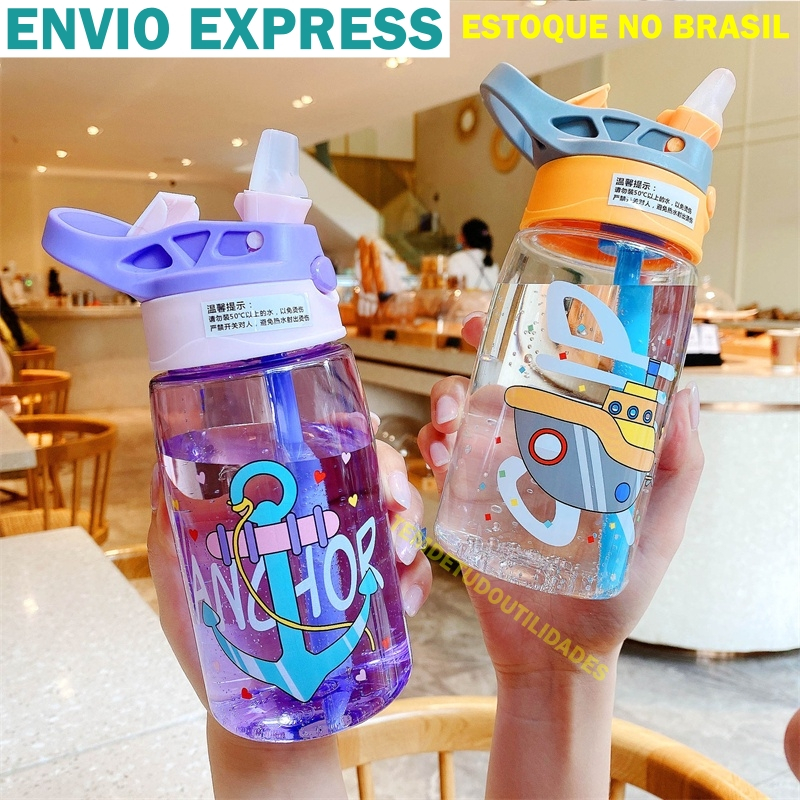 Garrafa Squeeze Infantil Com Canudo Flip Com Adesivo Envio Express