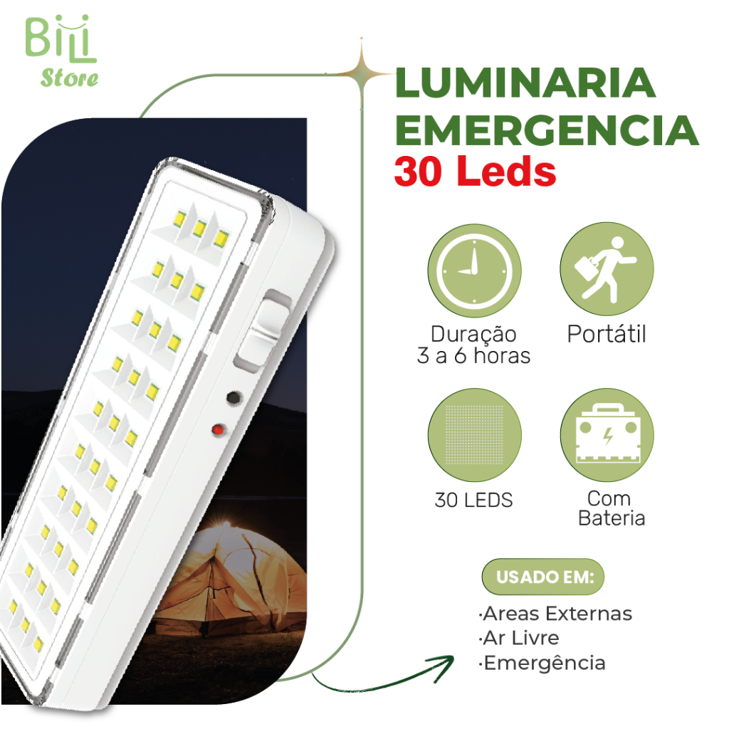 Luminária Emergência Lâmpada 30 Leds Recarregável Bivolt Luz Branca (Branco Frio 6,500K)