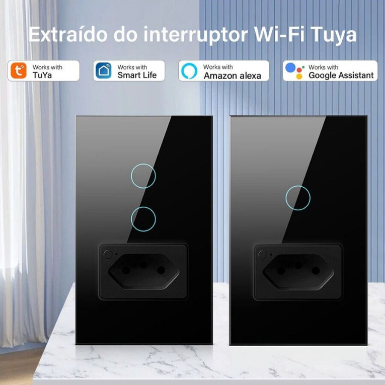 Interruptor de Toque inteligente Wifi Soquete Tomada Padrão Preto/branco Painel de Vidro Funciona Com Alexa