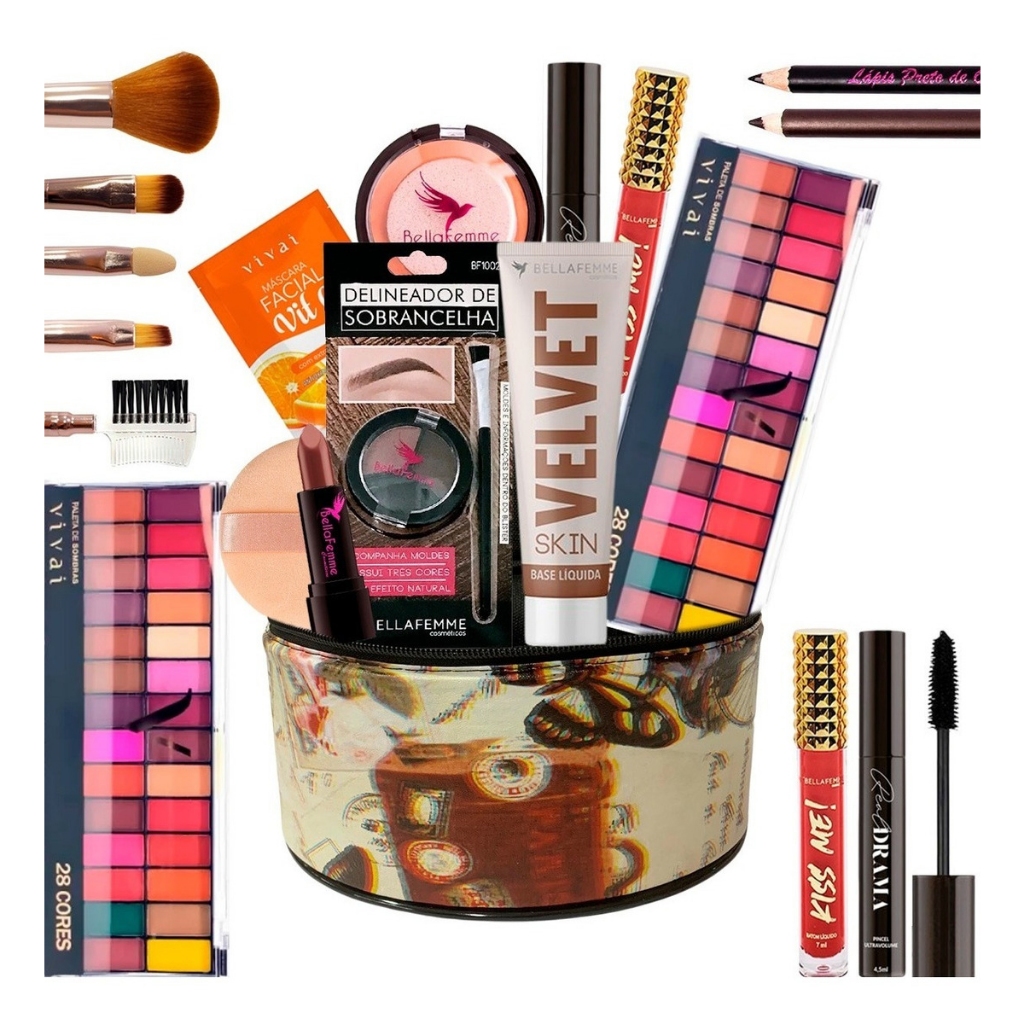 Kit Maquiagem Maleta Base Pó Compacto Batom Sombra Rímel