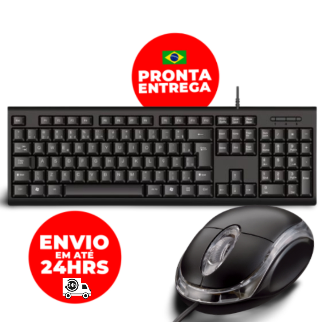 Teclado Usb Com Fio Abnt2 Mouse Óptico 1000 DPI Computador Notebook Pc Kit