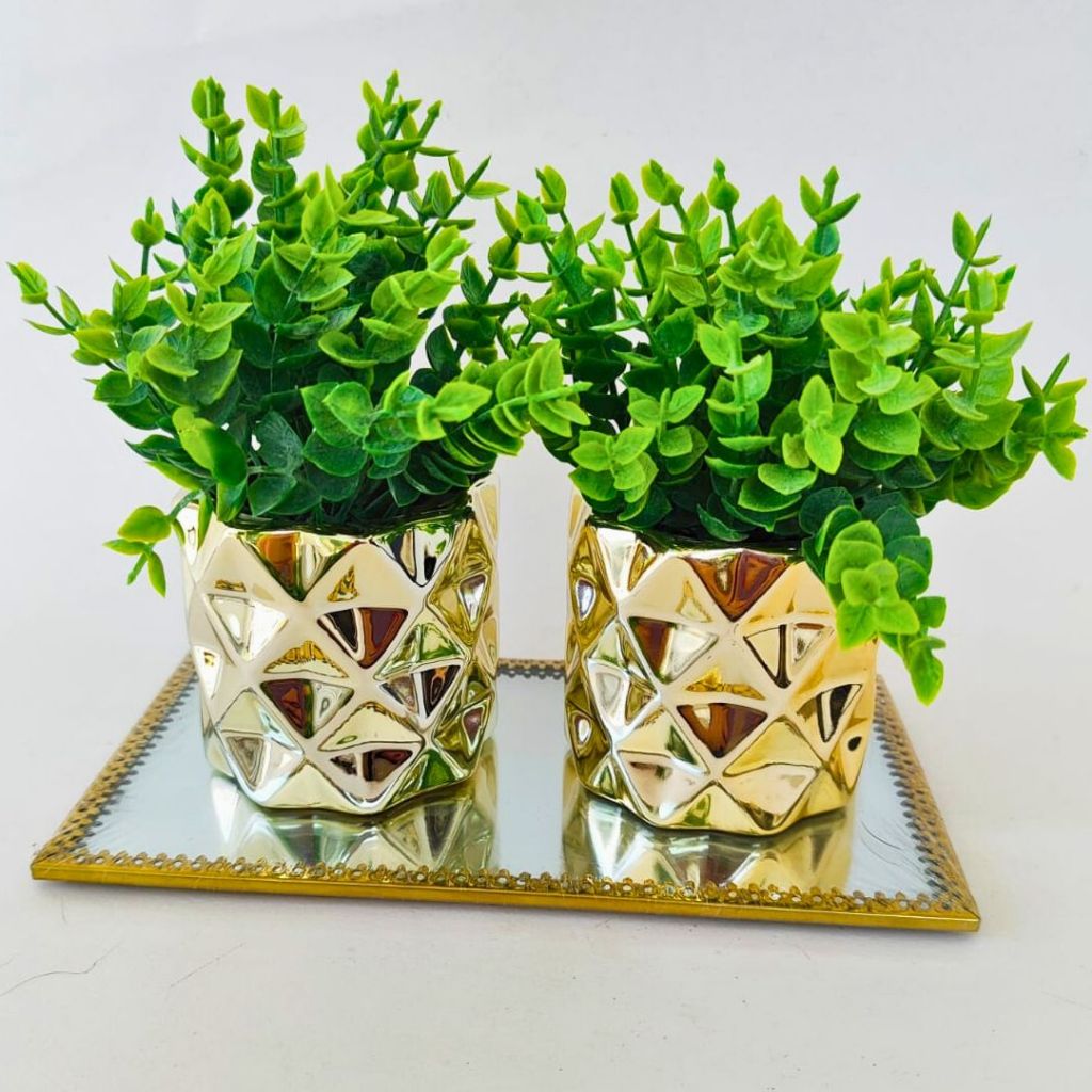 Kit 2 Vaso Cachepot Decoração Rose Porcelana Redondo Com Planta e Bandeja espelhada com Bordas em metal Enfeite de mesa para Sala Quarto