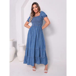 Vestido Feminino Jeans Mid Com Lastex Manga Curta