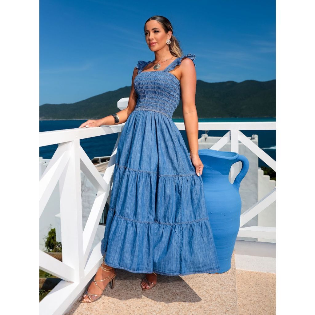 Vestido Jeans Mid De Alça Com Lastex