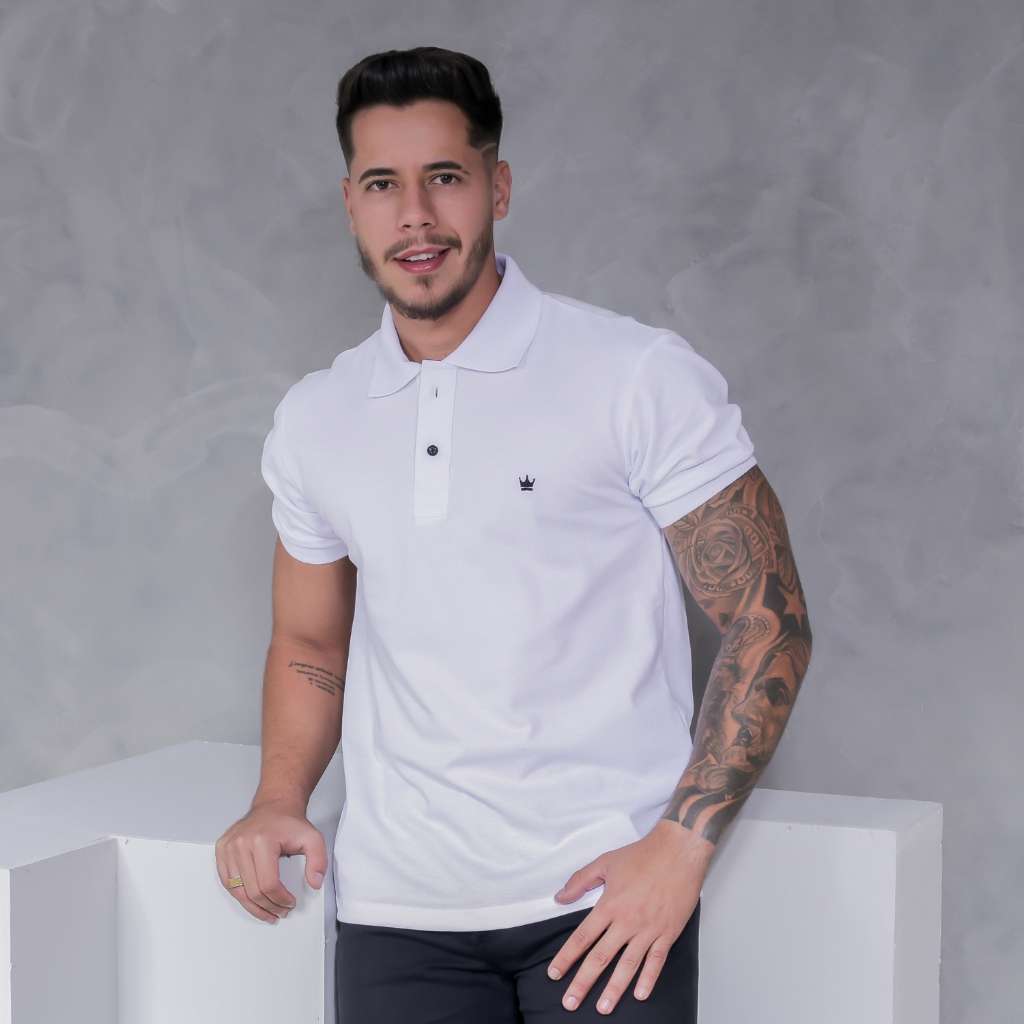 Camisa Gola Polo Masculina Piquet Manga Curta Branca Moda Casual Social