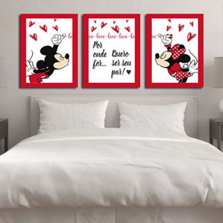 Decoração para quarto de casal - Por onde eu for quero ser seu par -Mickey - Minnie- Bordas infinitas Vermelho-kit 3 quadros 30x40cm
