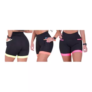 KIT 3 BERMUDAS DE ACADEMIA FITNESS FEMININA CÓS ALTO COM BOLSOS LATERAIS PORTA CELULAR.