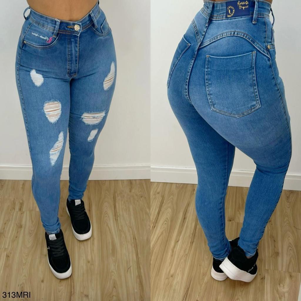 JEANS SKINNY COM RASGOS - Azul