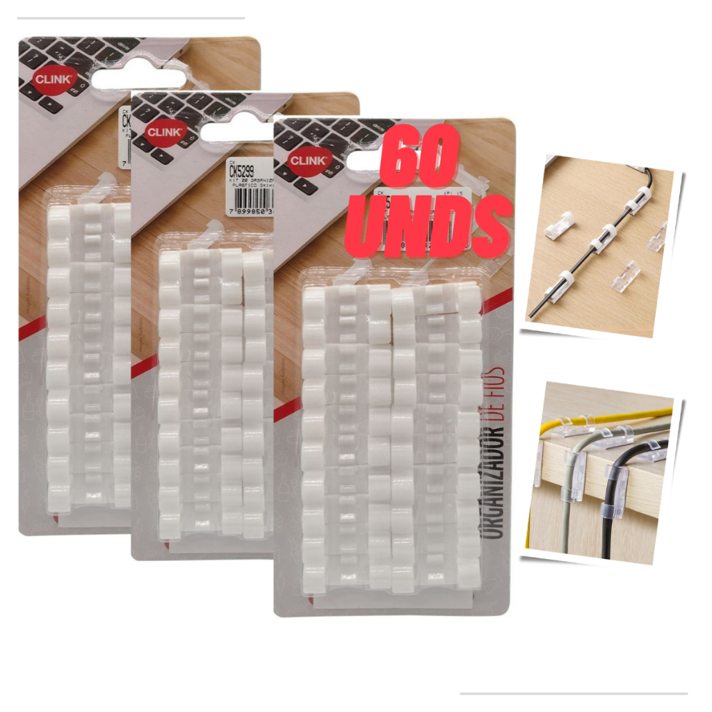 Kit 60 Clips Organizador De Cabo Fios Parede Fixador Adesivo Premium
