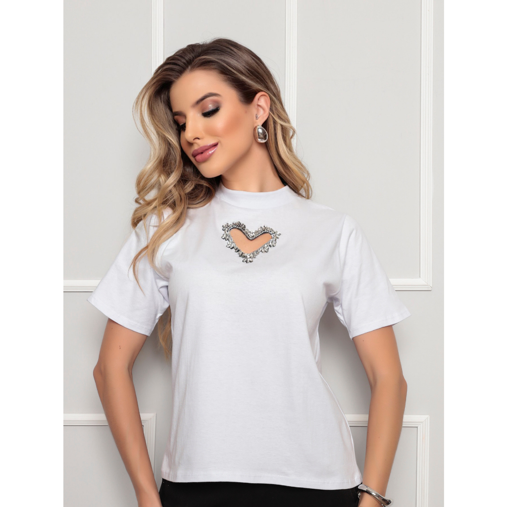 Blusa Branca feminina elegante Bordada em pedraria coração recortada ...