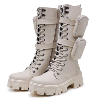 Coturno Bota Cano Alto Longo Tratorada com Bags Removíveis Blogueiras Off White