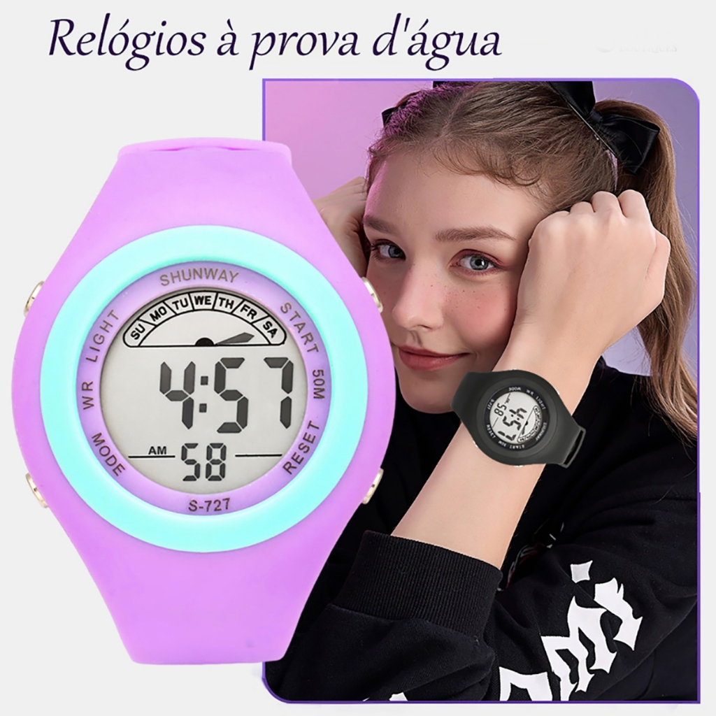 Relógio Digital Feminino À Prova D'Água LED Com Despertador Cronômetro ...