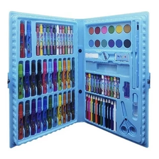 Maleta De Pintura Infantil azul Estojo 86 Peças Para Colorir Kit de Desenhar Canetinhas Meninos Carros Dinossauro