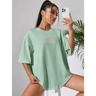 Camiseta feminina algodão 100% gola careca com gráfico de pata de gato animado