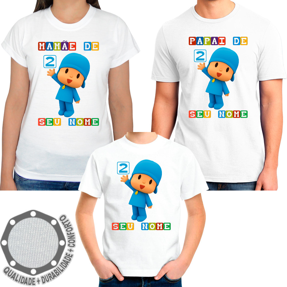 Kit 3 Camisetas Pocoyo Camisa Personalizada Aniversario Festa Evento Infantil Juvenil Adulto Baby Look Algodão com Poliéster