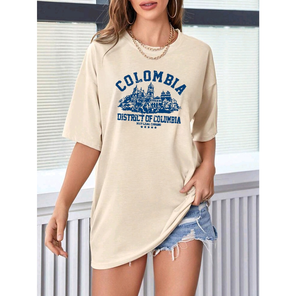 Oversized T-shirt camiseta plus feminina ombro caído ocasional com Colombia e gráfico de cidade estampada