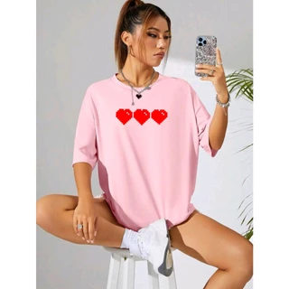 Oversized camiseta feminina ombro caído ocasional 100% algodão com gráfico de coração animada estampadas