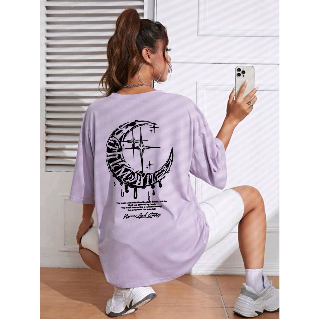 Oversized T-shirt feminina ombro caído 100% algodão com gráfico de estrela e lua com letra estampada