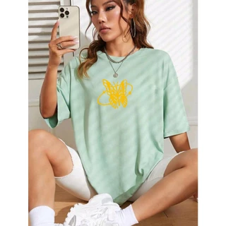 T-shirt Oversized feminina ombro caído ocasional 100% algodão com borboleta e estrela estampada