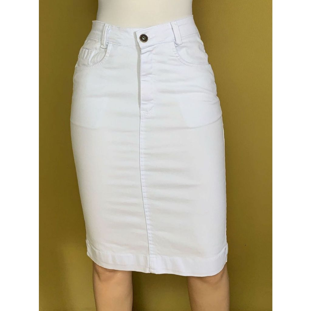 Saia Jeans Branca Com Lycra Moda Evangélica Lançamento Shopee