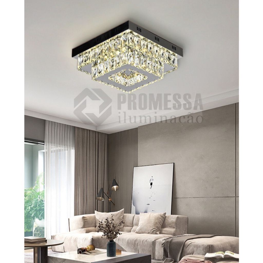 LUSTRE CRISTAL QUADRADO/REDONDA PLAFON INOX LED 80W 3CORES