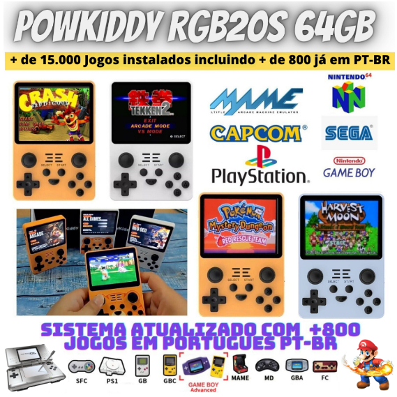 Powkiddy RGB20S Console Portatil Capaz de Emular PSP/PS1/SNES/NES/MD/MS/NEOGEO/GB/GBA/GBC/N64/CPS1/CPS2/CPS3/MAME/ARCADE/DREAMCAST/SEGA32X/MSX e muito mais