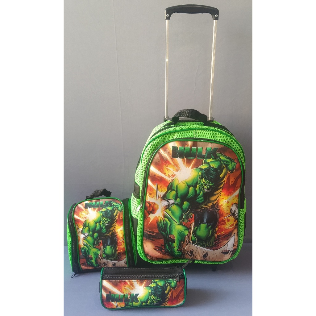 KIT MOCHILA GRANDE 3 PEÇAS COM CARRINHO HULK