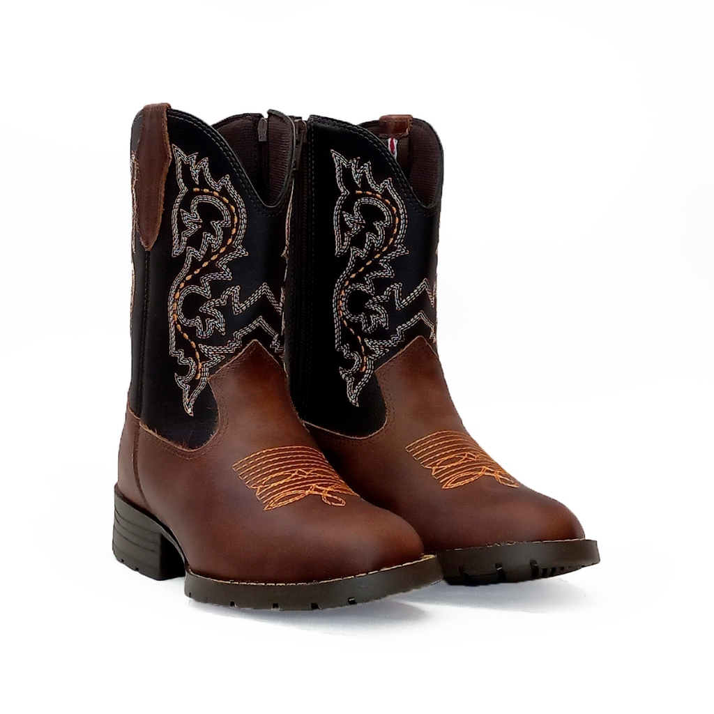 Bota Infantil Unissex Country Texana Estilo Americano em Couro Legítimo Marrom Cano Bordado Kapell