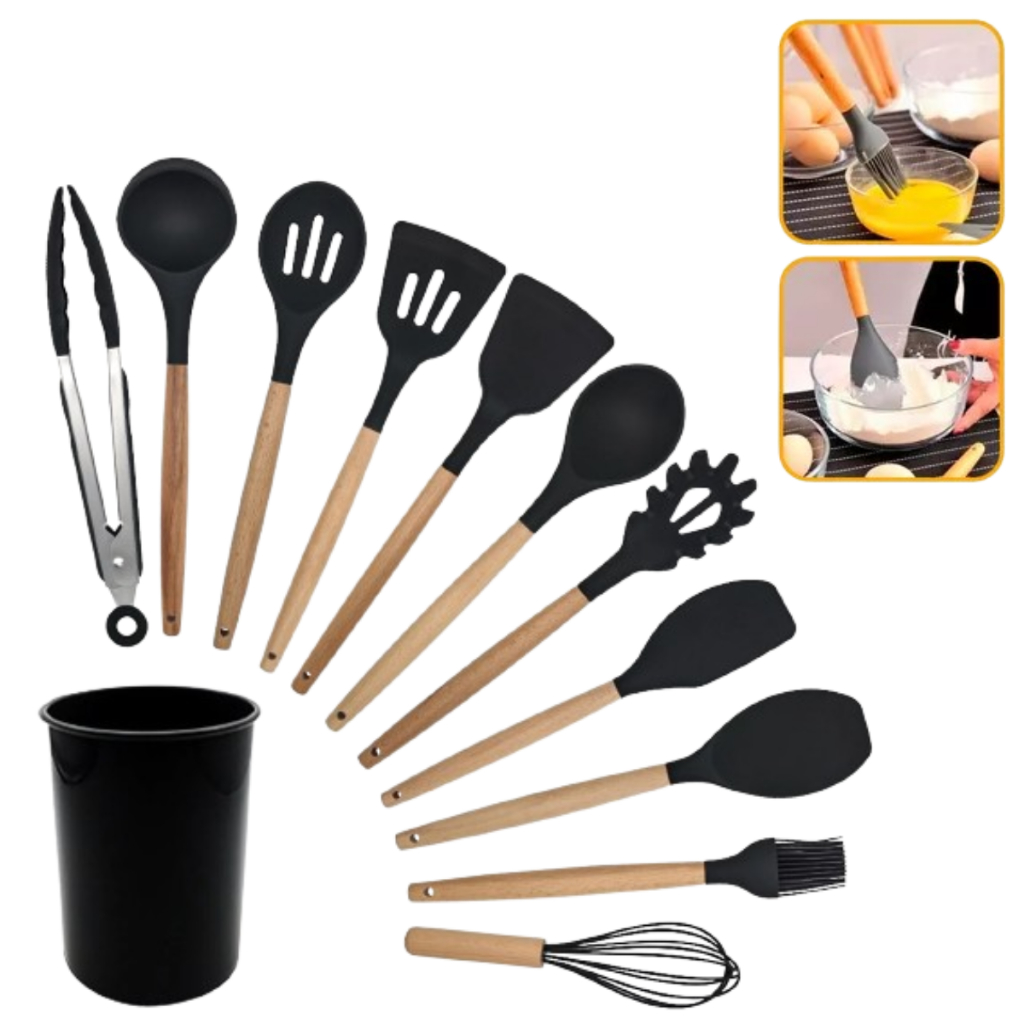 KIT de Utensílios Para Cozinha em Silicone e Bambu 12 Peças