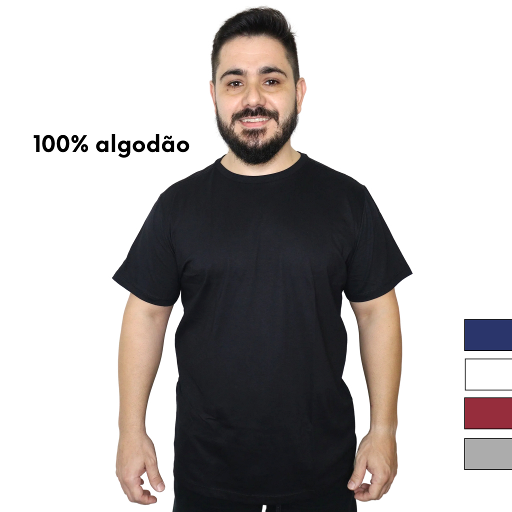 Camiseta Masculina Preta Lisa Básica 100% Algodão