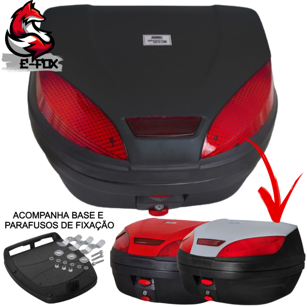 BAÚ PARA MOTO BAULETO 52 LITROS SMARTBOX PRO TORK MODELO ORIGINAL COM BASE VERMELHO FUMÊ CRISTAL