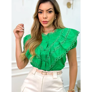 CAMISA FEMININO COM BOTÃO MANGA CURTA RENDA BORDADO B0995 MADE IN CHINA