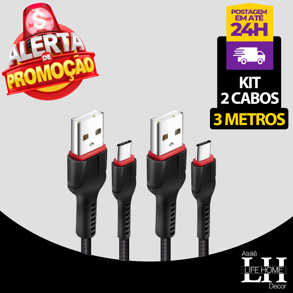 Kit 2 Cabos Carregador Rápido Exbom Usb Tipo C 3 Metros Reforçado Nylon