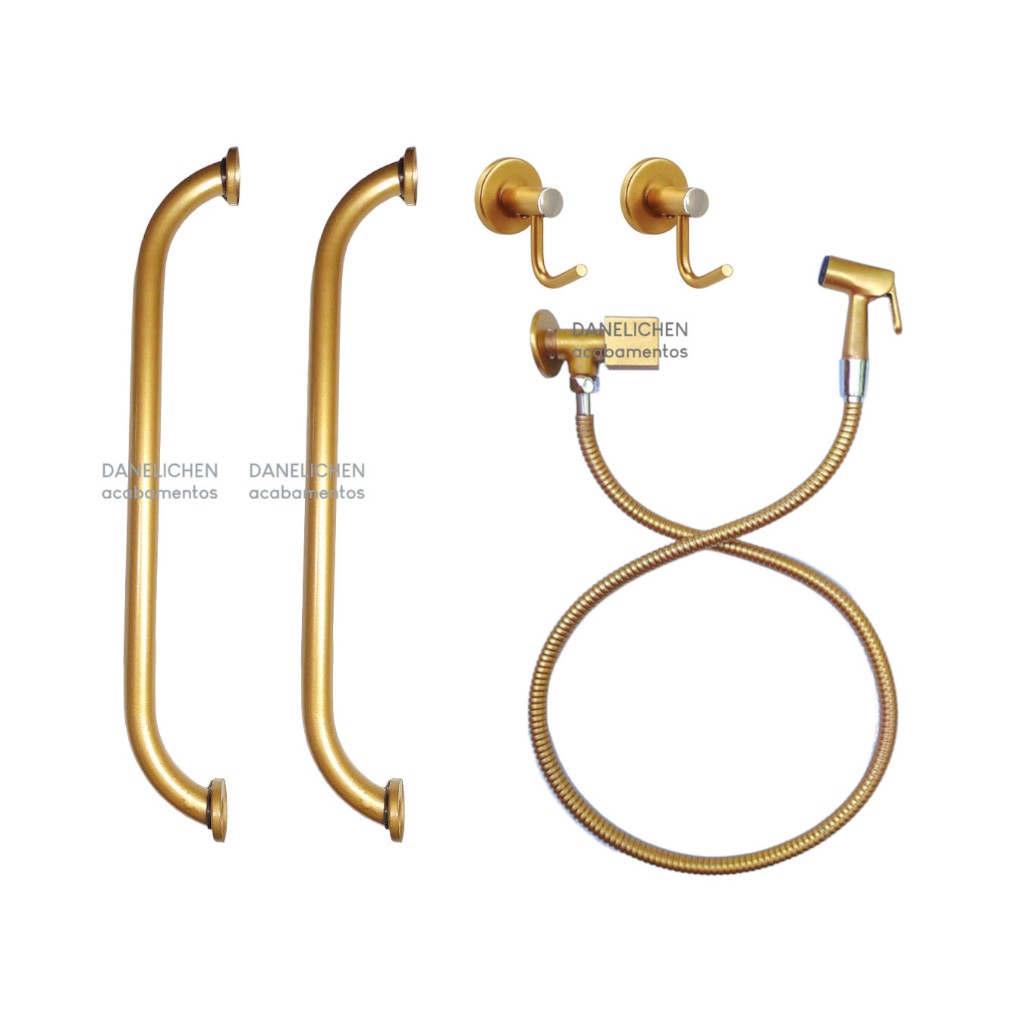 Kit De Banheiro Barra de Apoio Dourado 80 CM Cabideiro Ducha Higiênica Dourado Jhanda