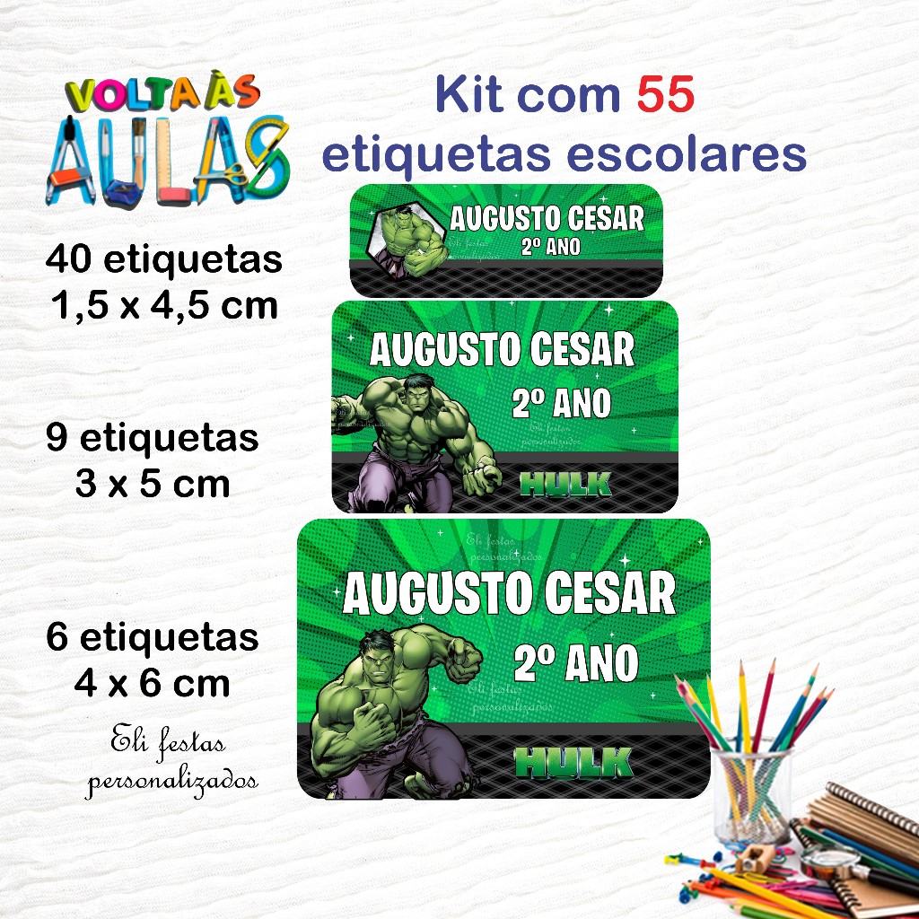 Etiqueta Escolar Personalizada do HULK - Ideal para usar em cadernos ...