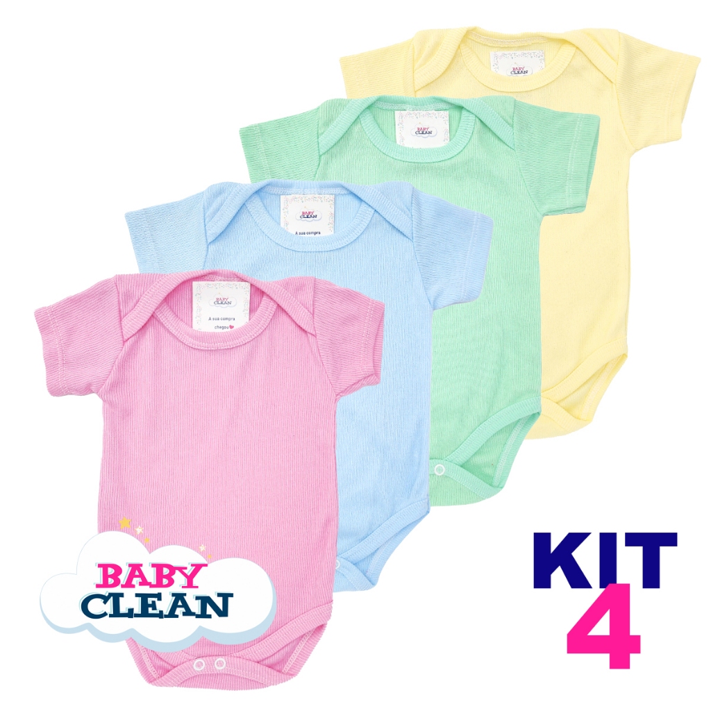 Kit Bebê 4 Body Manga Curta Canelado Menino Menina Roupas de Bebê