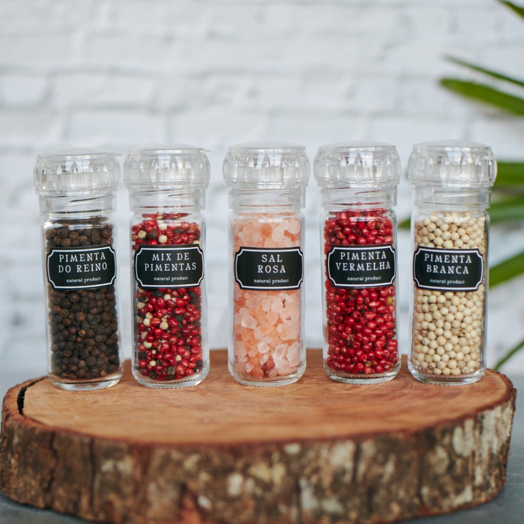Moedor de Pimenta de Vidro c/ Etiquetas Temperos Pimenta do Reino Preta Sal Rosa Grãos