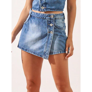 Shorts saia Jeans Feminino cintura alta social assimétrico botão